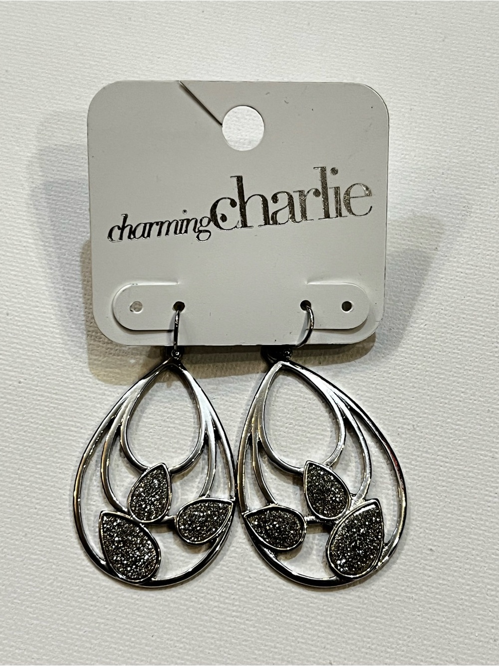 Charming Charlie Silver Teardrop Leaf Dangle Earrings with Glitter Inlay